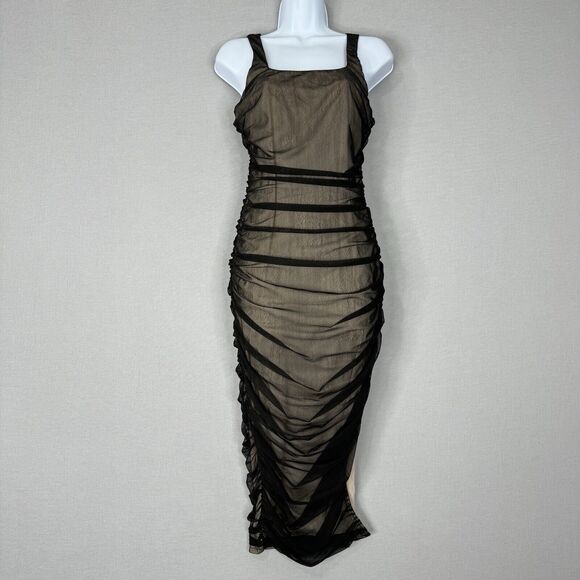 Lulus Womens Dress M Black V.I.P. Treatment Mesh Ruched Bodycon Midi Dark Y2K - Picture 2 of 13